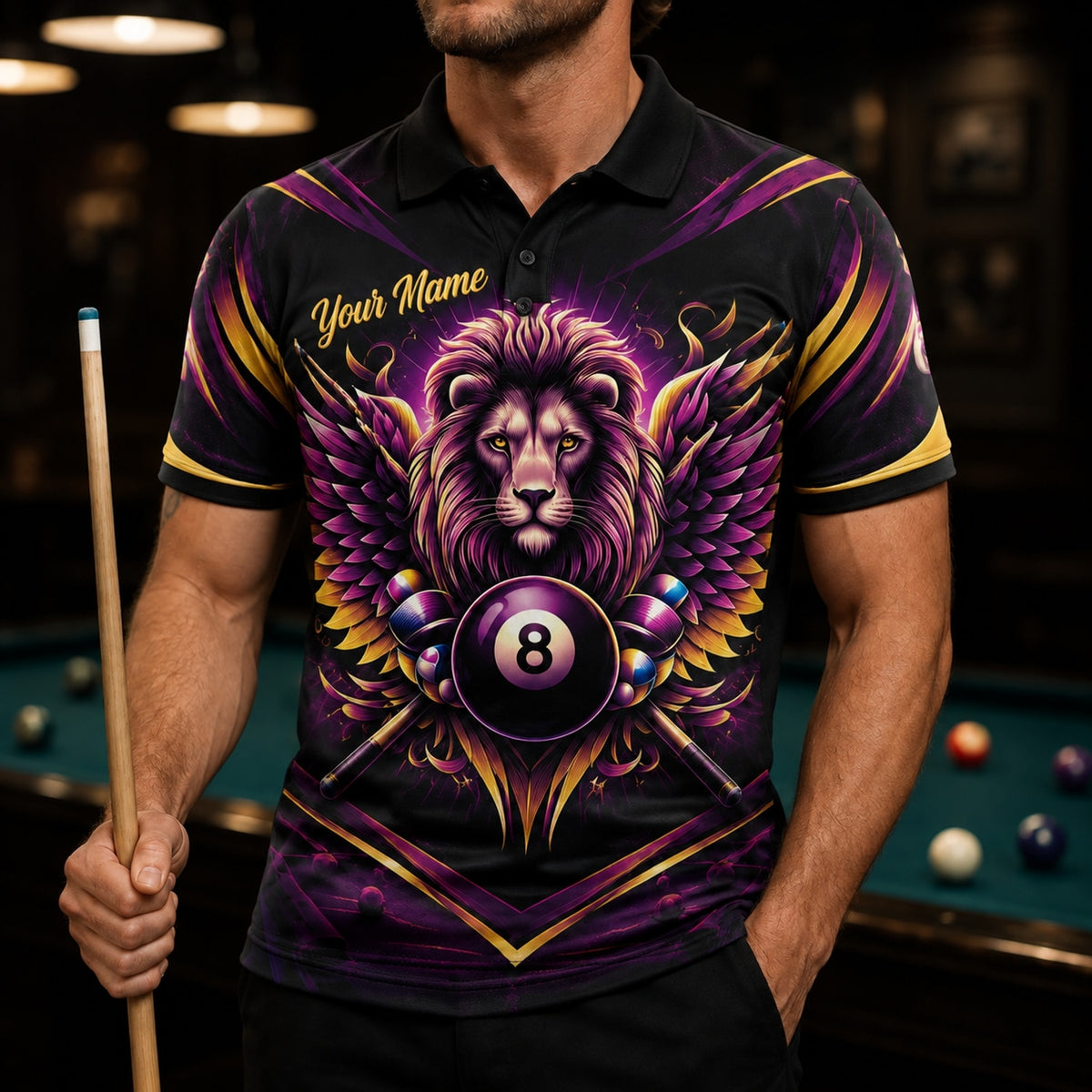 Winged Lion 8 Ball Graphic Personalized Billiard Polo Shirt Front View