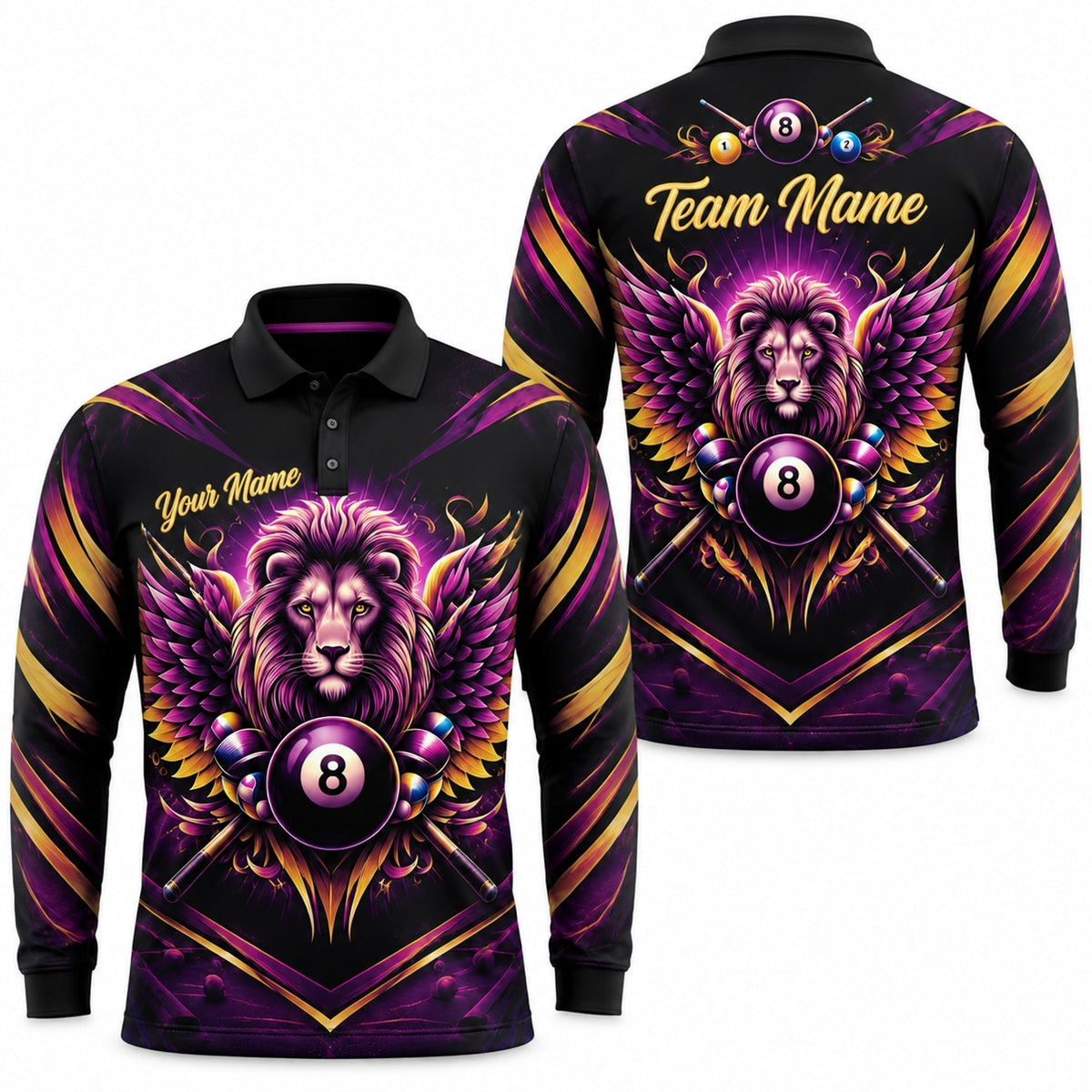 Winged Lion 8 Ball Graphic Personalized Billiard Polo Shirt Long Sleeve Polo
