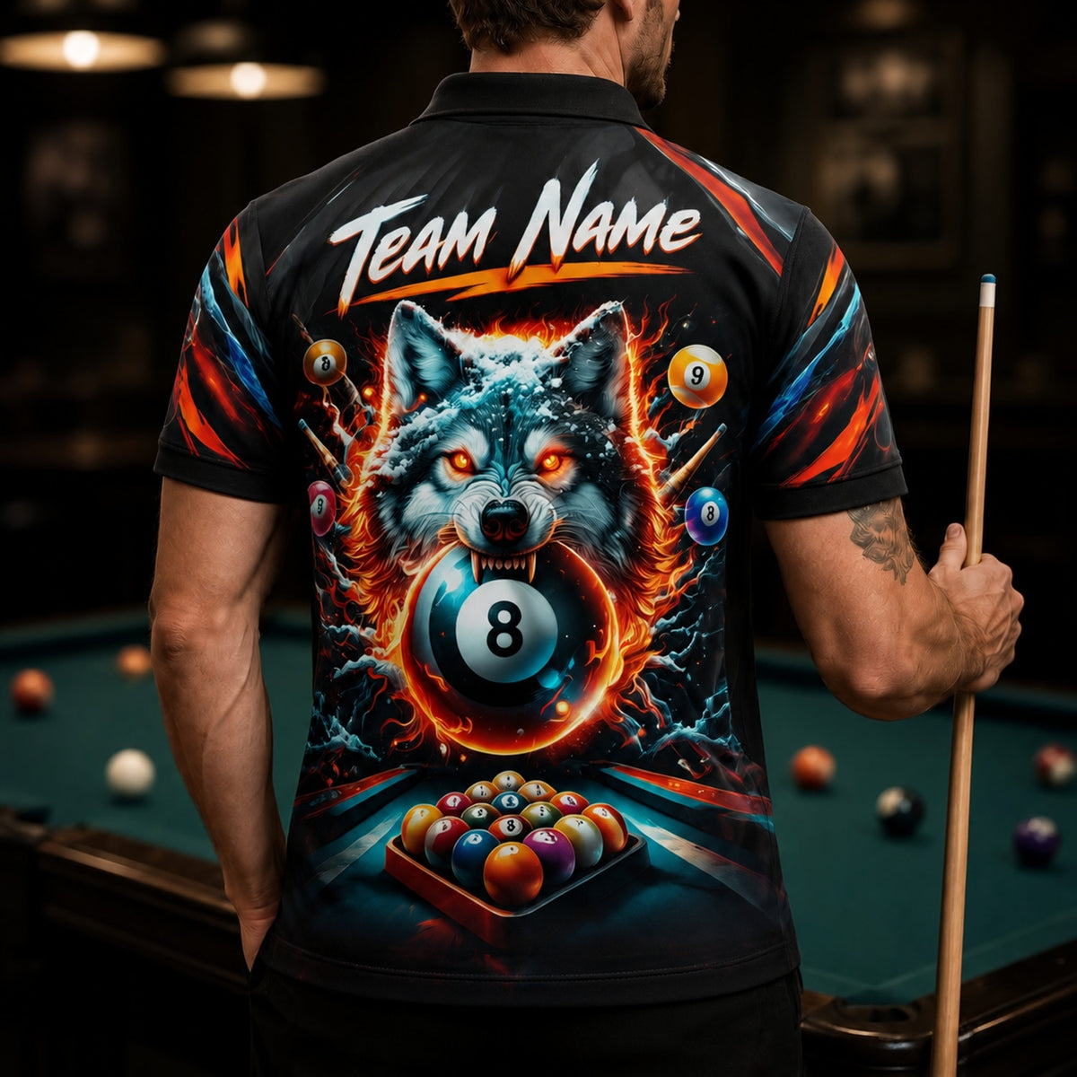 Wolf 8 Ball Flames Graphic Personalized Billiard Polo Shirt Back View