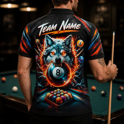 Wolf 8 Ball Flames Graphic Personalized Billiard Polo Shirt Back View