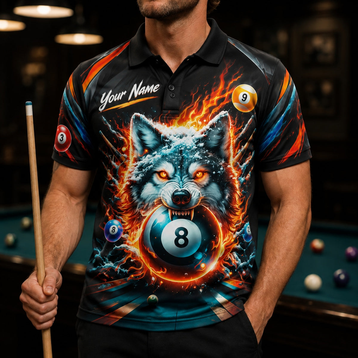 Wolf 8 Ball Flames Graphic Personalized Billiard Polo Shirt Front View