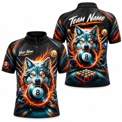 Wolf 8 Ball Flames Graphic Personalized Billiard Polo Shirt Jersey Zip 1 4 Collar