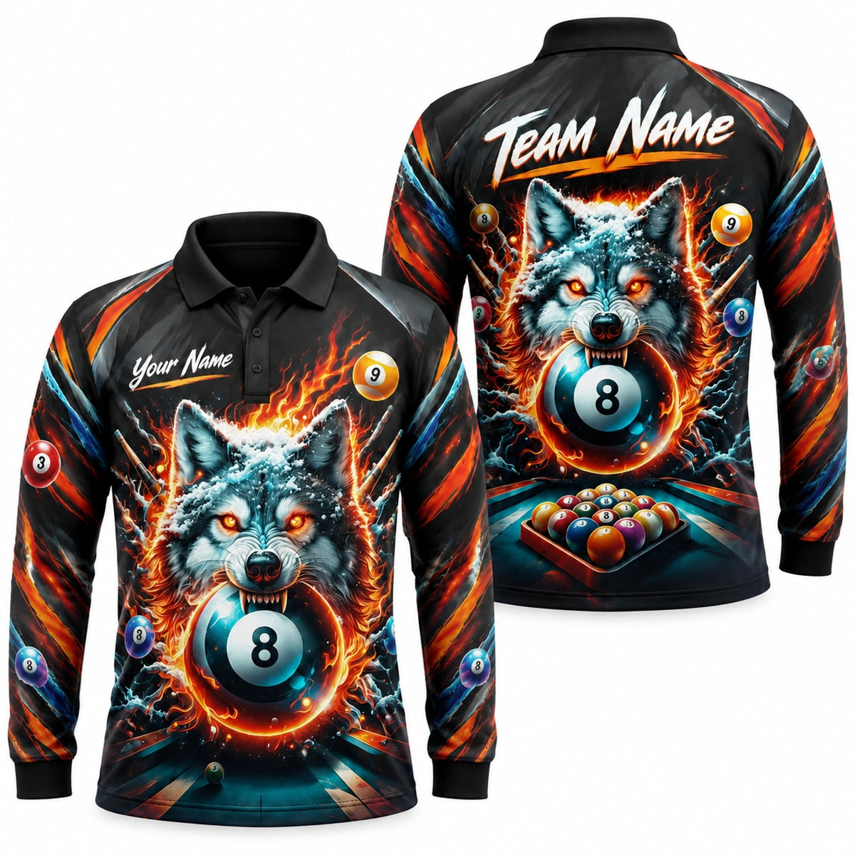 Wolf 8 Ball Flames Graphic Personalized Billiard Polo Shirt Long Sleeve Polo