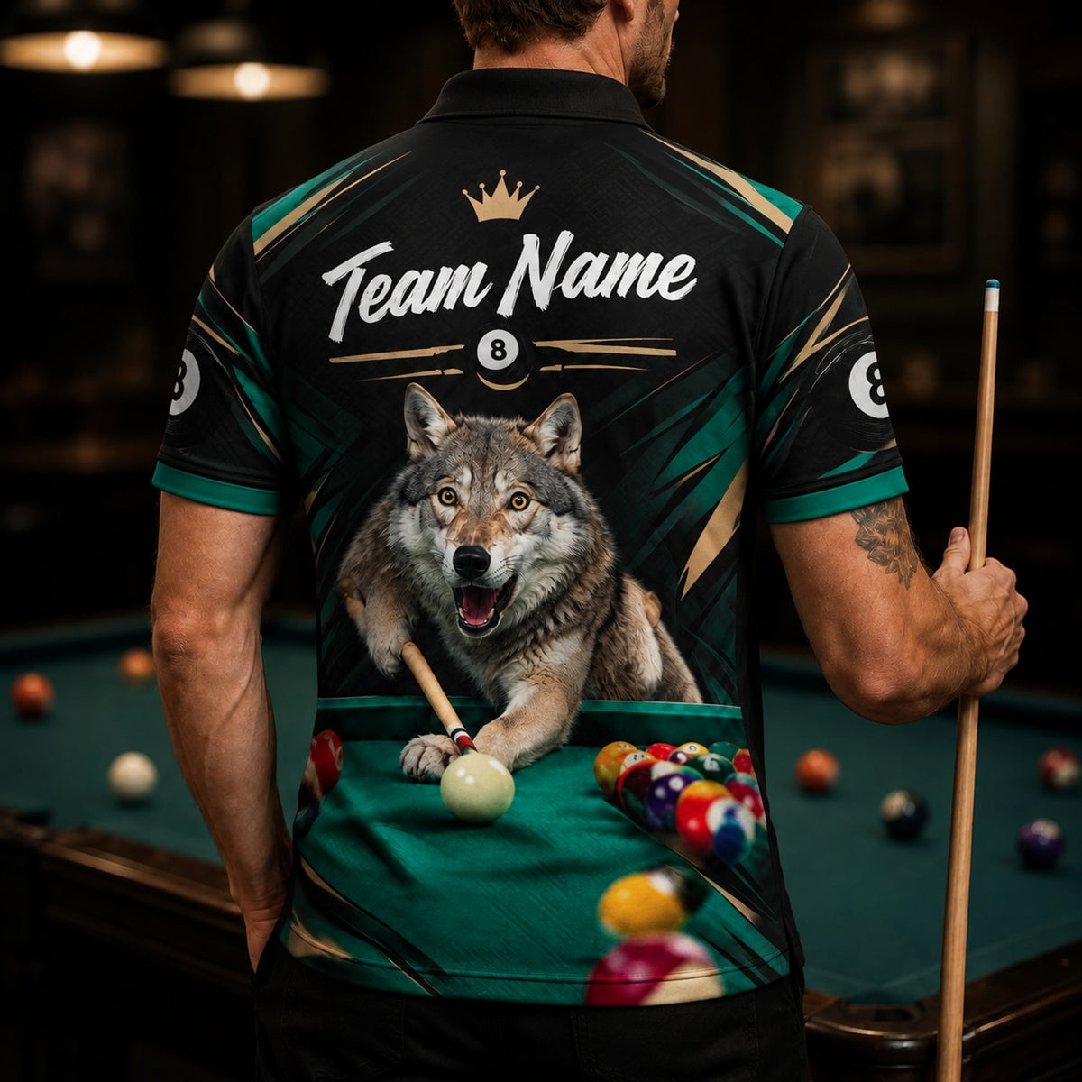 Wolf Billiards Graphic Custom Billiard Polo Shirt Back View