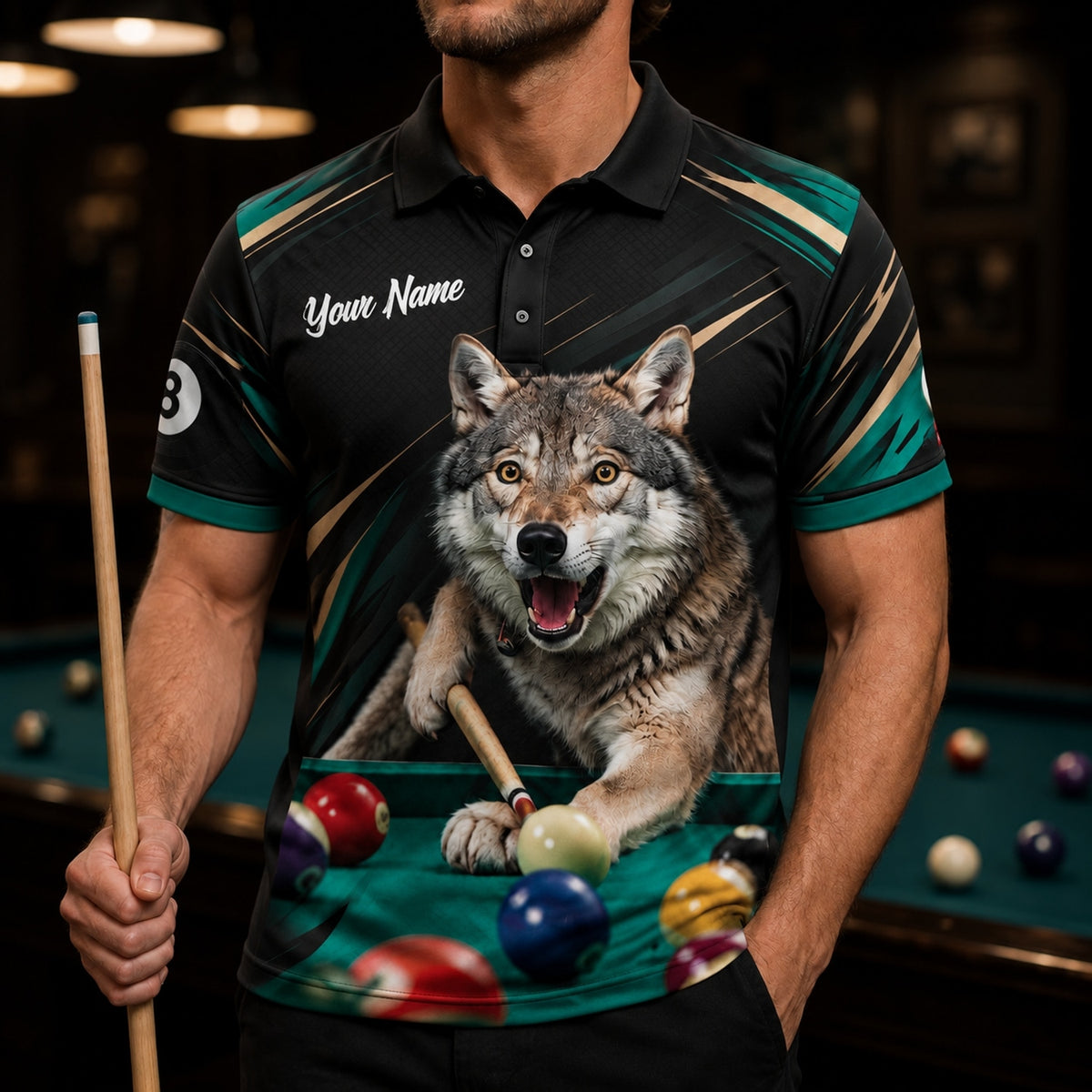 Wolf Billiards Graphic Custom Billiard Polo Shirt Front View