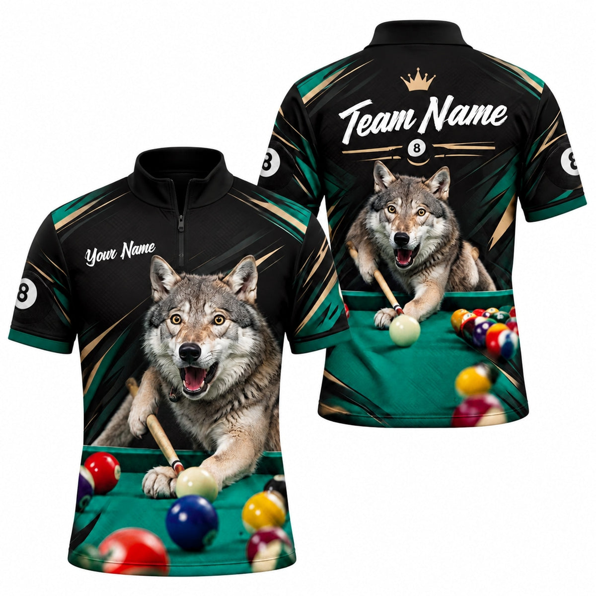 Wolf Billiards Graphic Custom Billiard Polo Shirt Jersey Zip 1 4 Collar