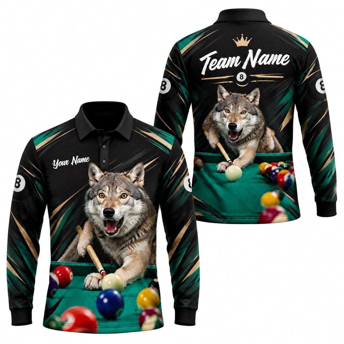 Wolf Billiards Graphic Custom Billiard Polo Shirt Long Sleeve Polo