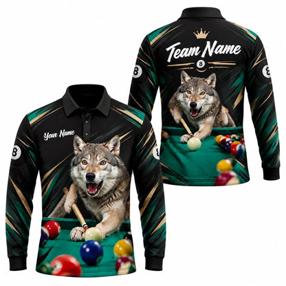 Wolf Billiards Graphic Custom Billiard Polo Shirt Long Sleeve Polo