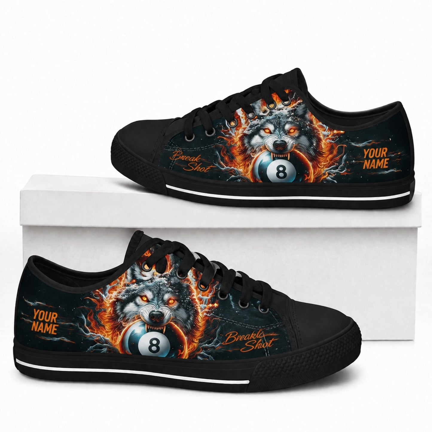 Wolf With Eight Ball Graphic Personalized Low Top Shoes Box Black