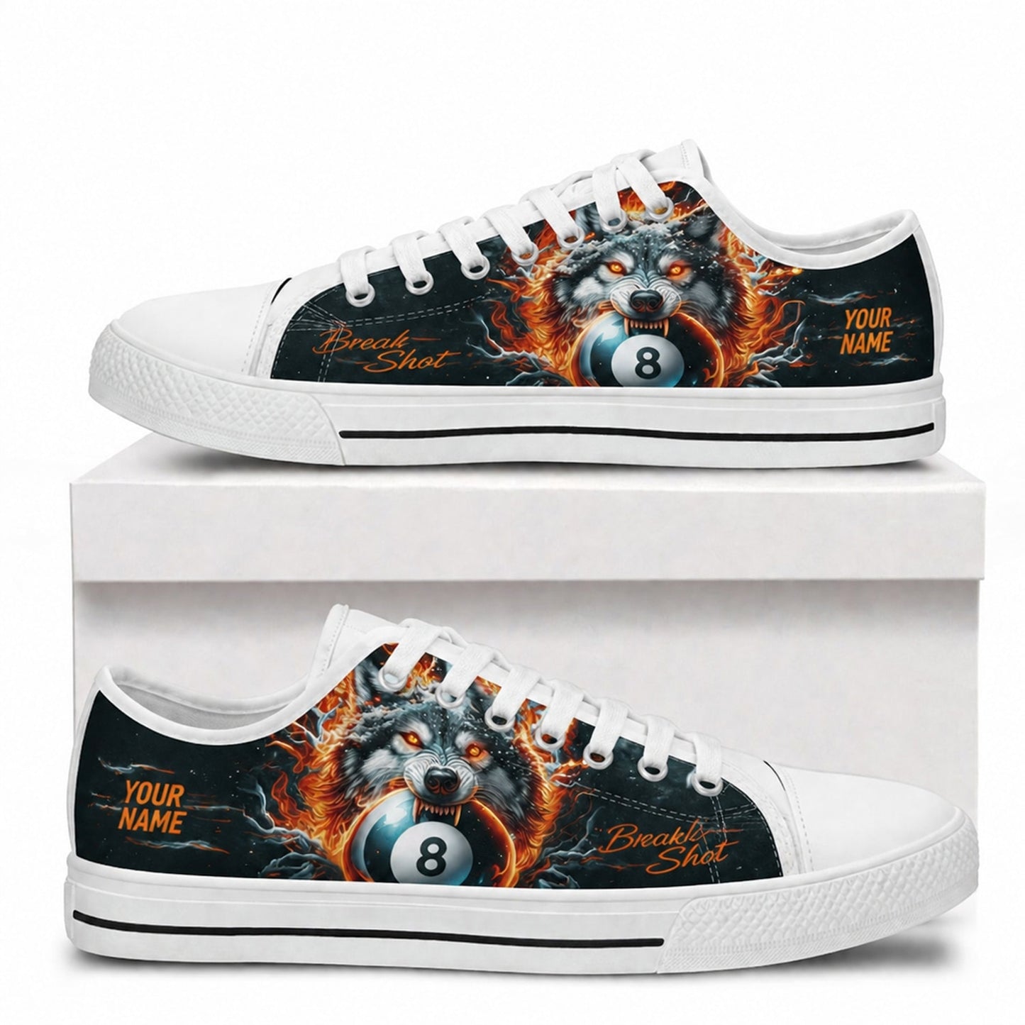 Wolf With Eight Ball Graphic Personalized Low Top Shoes Box White