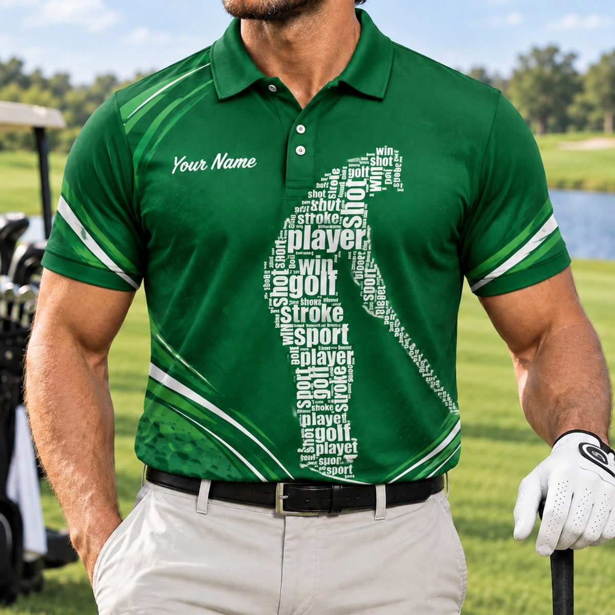Word Art Golfer Silhouette Sport Personalized Golf Polo Shirt Front View
