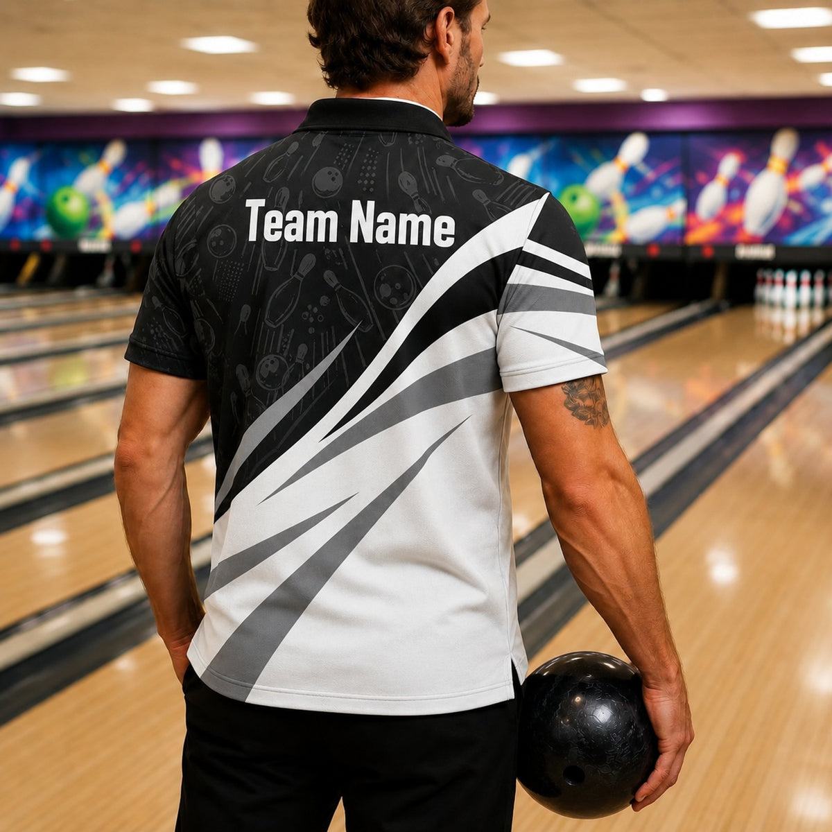 Your Name Team Name Bowling Modern Personalized Bowling Polo Shirt Back View
