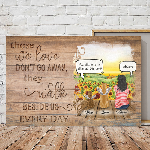 Customwitch Personalized Canvas/Canvas with Frame/Poster for Pet Lovers Best gift Custom Name/Pets breed/Hair/Skin/Shirt  - Mom with Pets Conversation - They walk beside us - Wooden Patten 