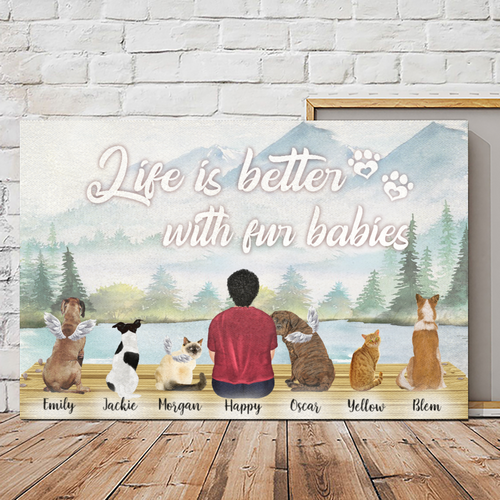 Customwitch Personalized Canvas/Canvas with frame/Poster for Family/Pet Lovers Best Gift custom Name/Pets breed/Person - Life is better with fur babies