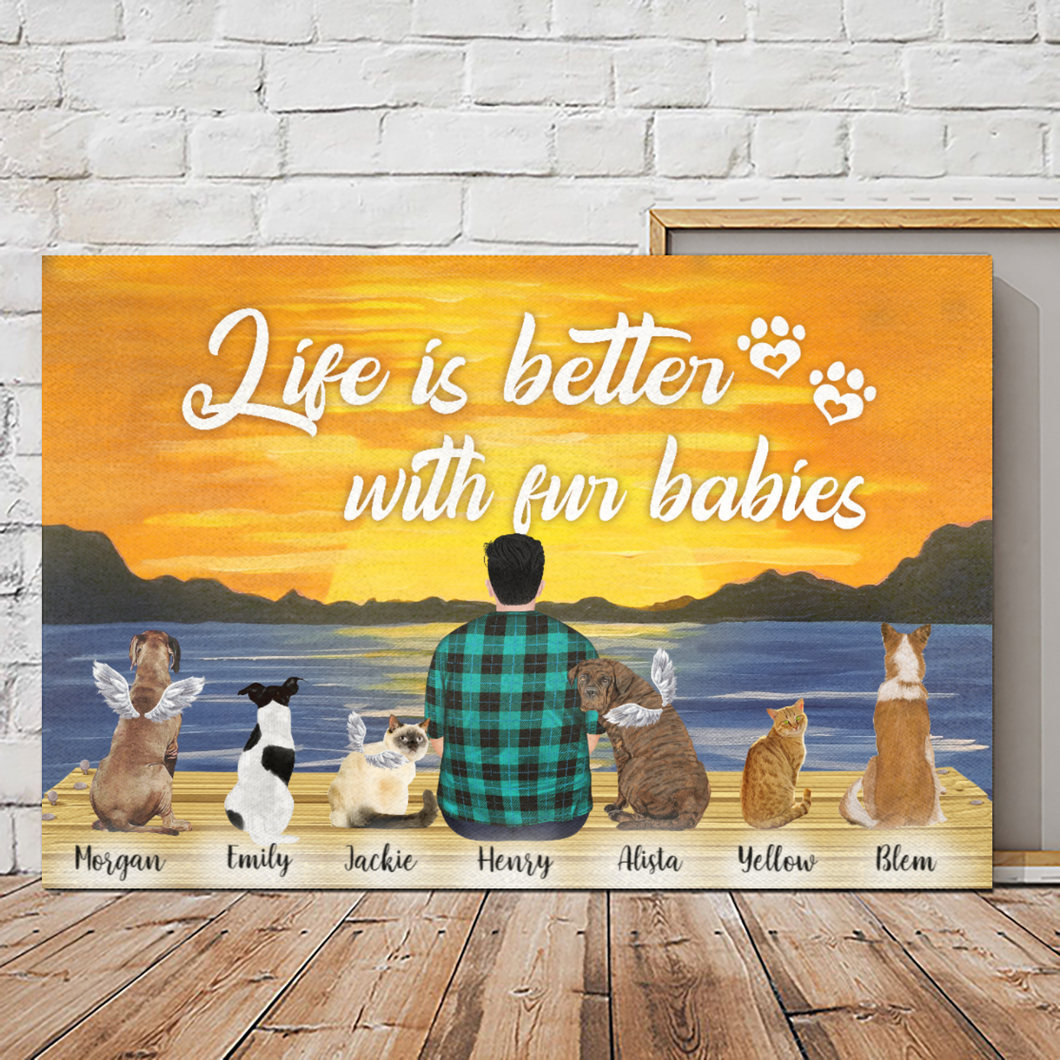 Personalized - Chubby Dad with Dogs/Cats - Life is better with fur babies - Choose up to 6 Dogs/Cats - Canvas/Canvas with Frame/Poster