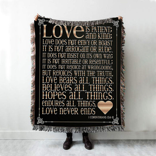 1 Corinthians 13 4 8 Love Is Patient & Kind Woven Boho Blanket - Christian Woven Throw Blanket Decor