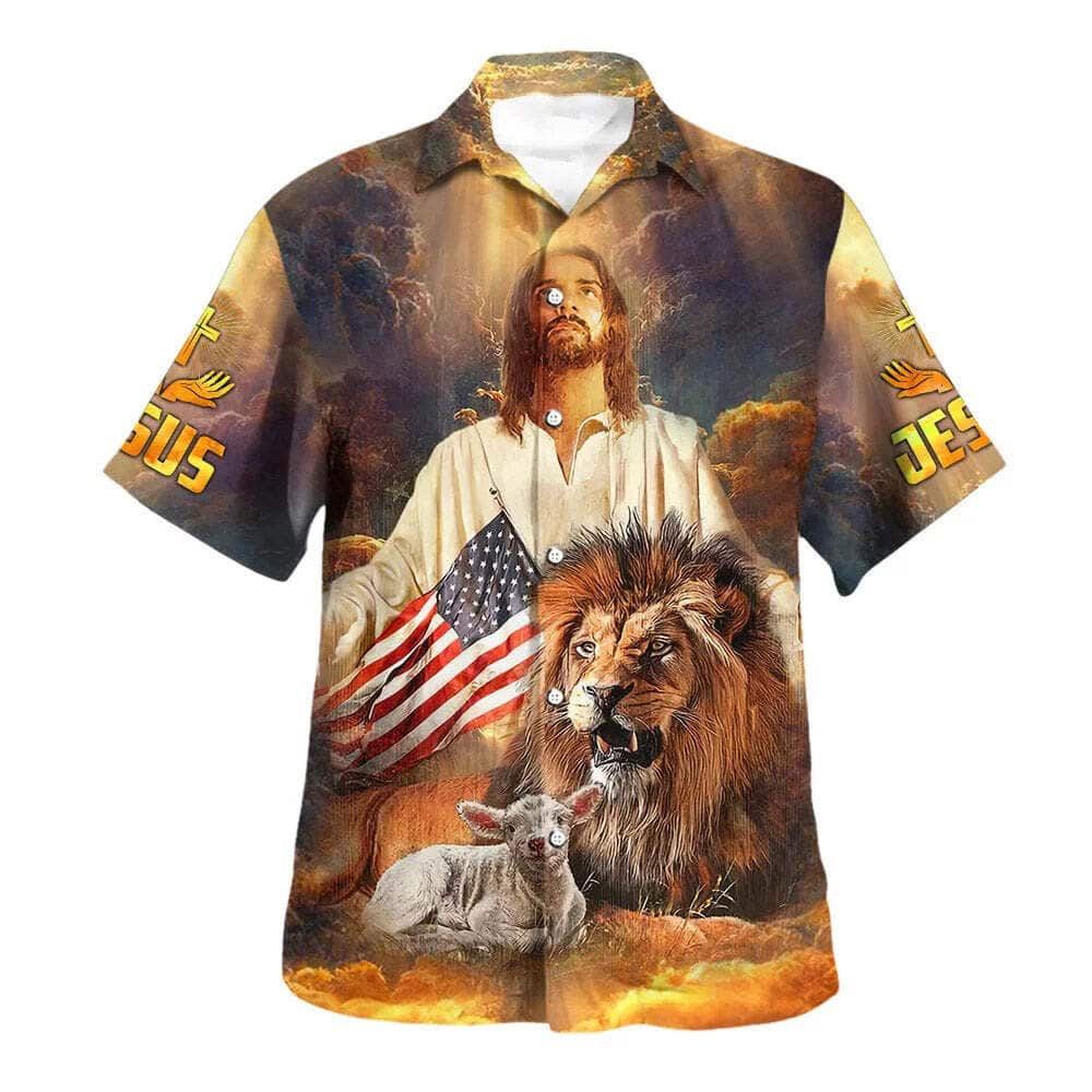 4th Of July Jesus Lion And The Lamb Christian US Flag Hawaiian Shirt For Men, Christian Hawaiian Shirt, Gift For Christian