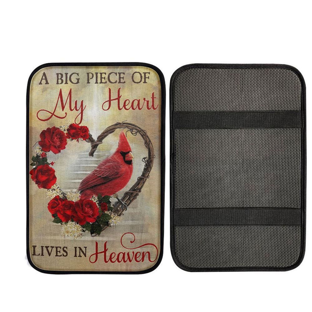 A Big Piece Of My Heart Lives In Heaven Red Rose Cardinal Car Center Console Cover, Christian Car Interior Accessories