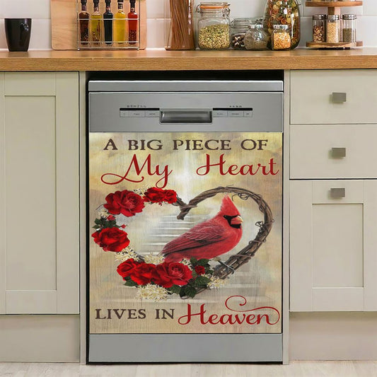 A Big Piece Of My Heart Lives In Heaven Red Rose Cardinal Dishwasher Cover, Christian Dishwasher Magnet Cover, Religious Kitchen Decor