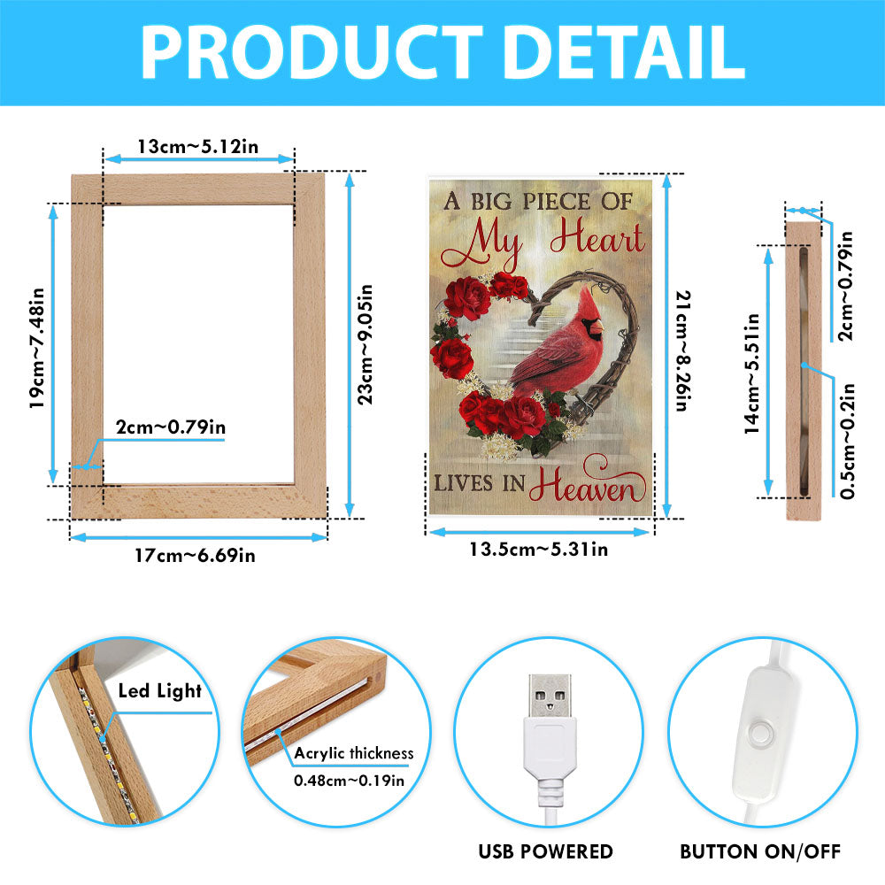 A Big Piece Of My Heart Lives In Heaven Red Rose Cardinal Frame Lamp Art - Christian Art Decor - Religious Gifts Night Light