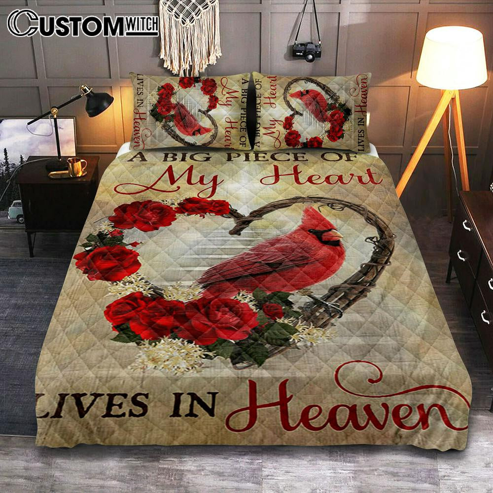 A Big Piece Of My Heart Lives In Heaven Red Rose Cardinal Quilt Bedding Set Bedroom - Christian Bedroom Decor - Religious Quilt Bedding Set Prints