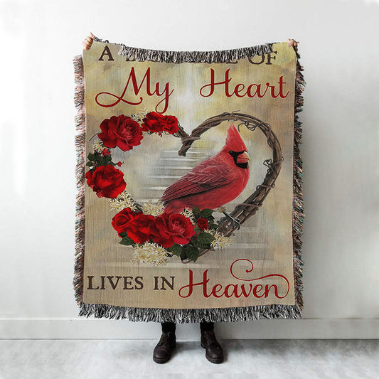 A Big Piece Of My Heart Lives In Heaven Red Rose Cardinal Woven Throw Blanket - Christian Throw Blanket Decor - Religious Woven Blanket Prints