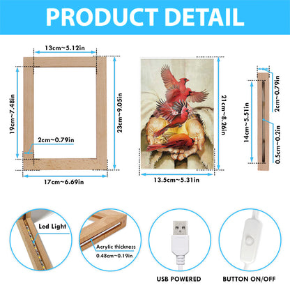 A Cardinal On His Hand Jesus Frame Lamp Art - Christian Night Light - Bible Verse Wooden Lamp