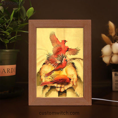 A Cardinal On His Hand Jesus Frame Lamp Art - Christian Night Light - Bible Verse Wooden Lamp
