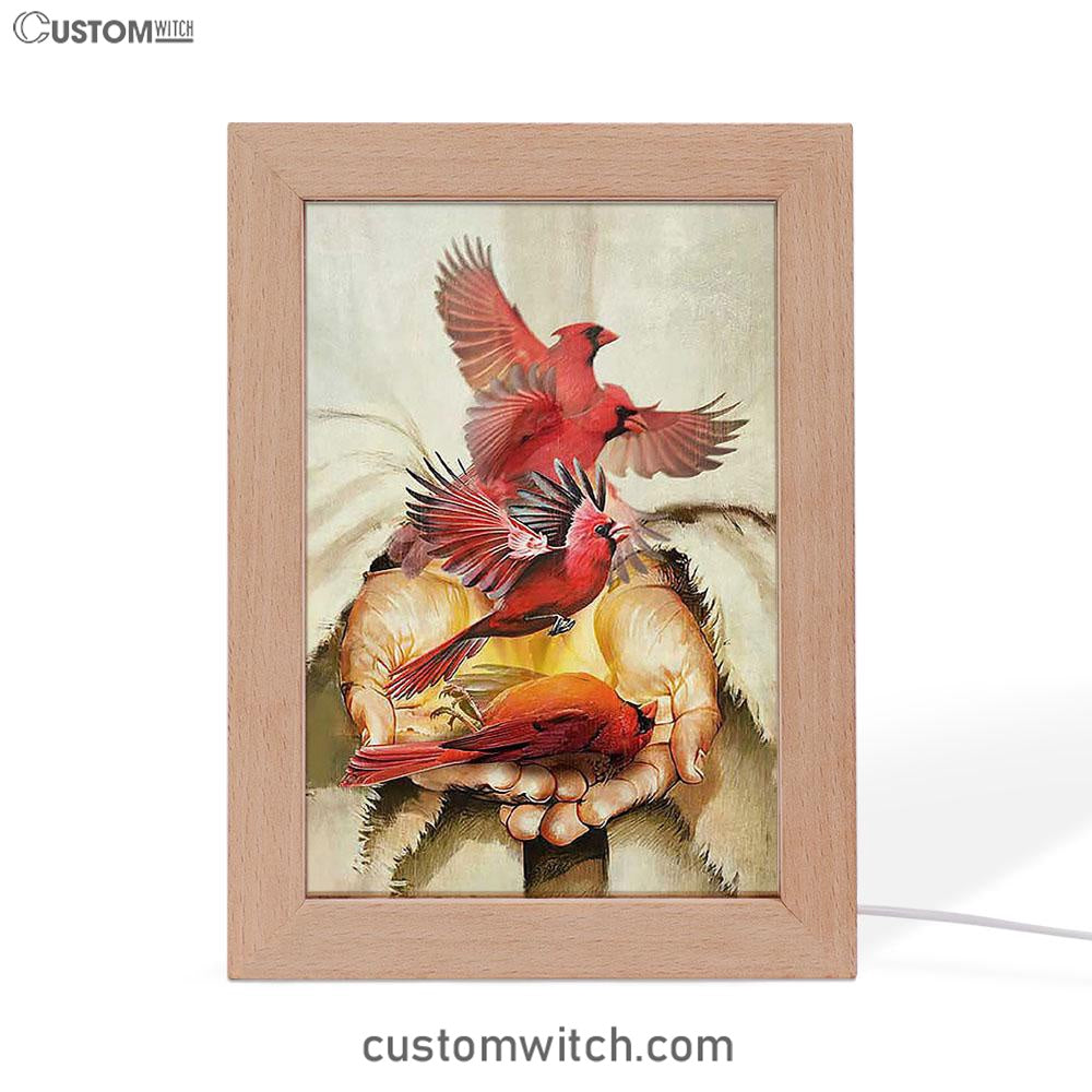 A Cardinal On His Hand Jesus Frame Lamp Art - Christian Night Light - Bible Verse Wooden Lamp