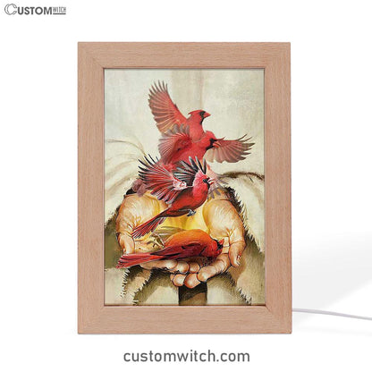 A Cardinal On His Hand Jesus Frame Lamp Art - Christian Night Light - Bible Verse Wooden Lamp