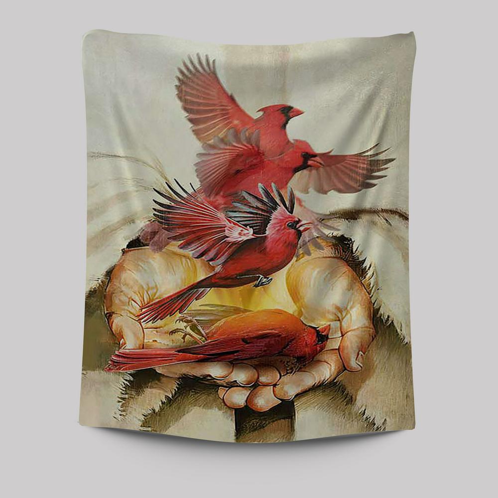 A Cardinal On His Hand Jesus Tapestry Wall Art - Christian Tapestries Prints - Bible Verse Tapestry Art