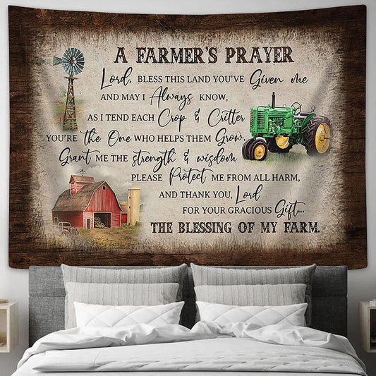 A Farmer's Prayer Electric Tricycle Red Barn Windmill Tapestry Wall Art - Bible Verse Tapestry - Religious Tapestry Wall Hanging