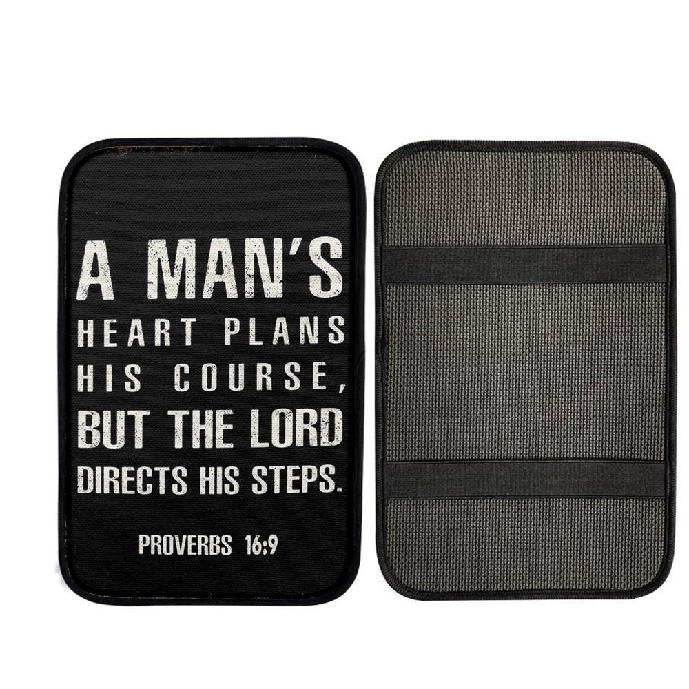 A Man's Heart Plans His Course Proverbs 16 9 Car Center Console Cover, Christian Auto Armrest Cover