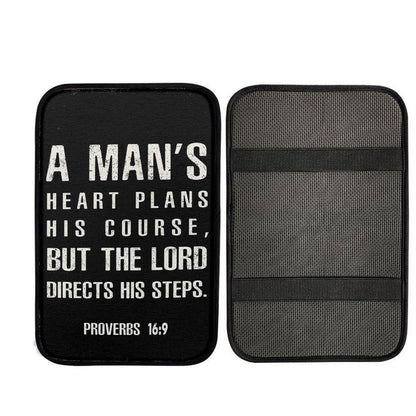 A Man's Heart Plans His Course Proverbs 16 9 Car Center Console Cover, Christian Auto Armrest Cover