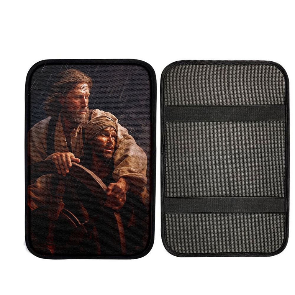 A Portrait Of Jesus Christ Behind A Sailor Car Center Console Cover, Christian Auto Armrest Cover