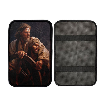 A Portrait Of Jesus Christ Behind A Sailor Car Center Console Cover, Christian Auto Armrest Cover