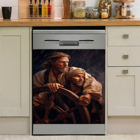 A Portrait Of Jesus Christ Behind A Sailor Dishwasher Cover, Jesus Dishwasher Magnet Cover, Christian Kitchen Decor