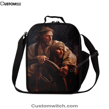A Portrait Of Jesus Christ Behind A Sailor Lunch Bag, Christian Lunch Bag For School, Picnic, Religious Lunch Bag