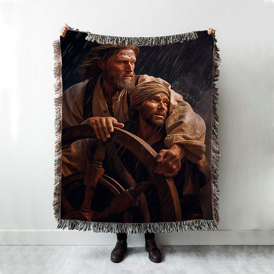 A Portrait Of Jesus Christ Behind A Sailor Woven Blanket Prints - Jesus Woven Blanket Art - Christian Throw Blanket Decor