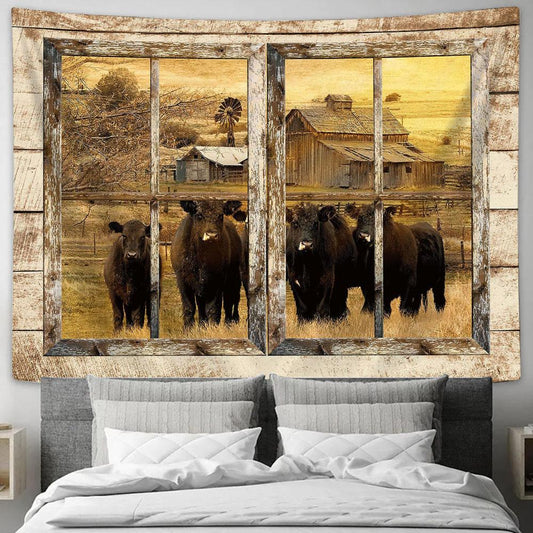 Aberdeen Angus Farm Through The Window Frame Tapestry Wall Art - Bible Verse Tapestry - Religious Tapestry Wall Hanging
