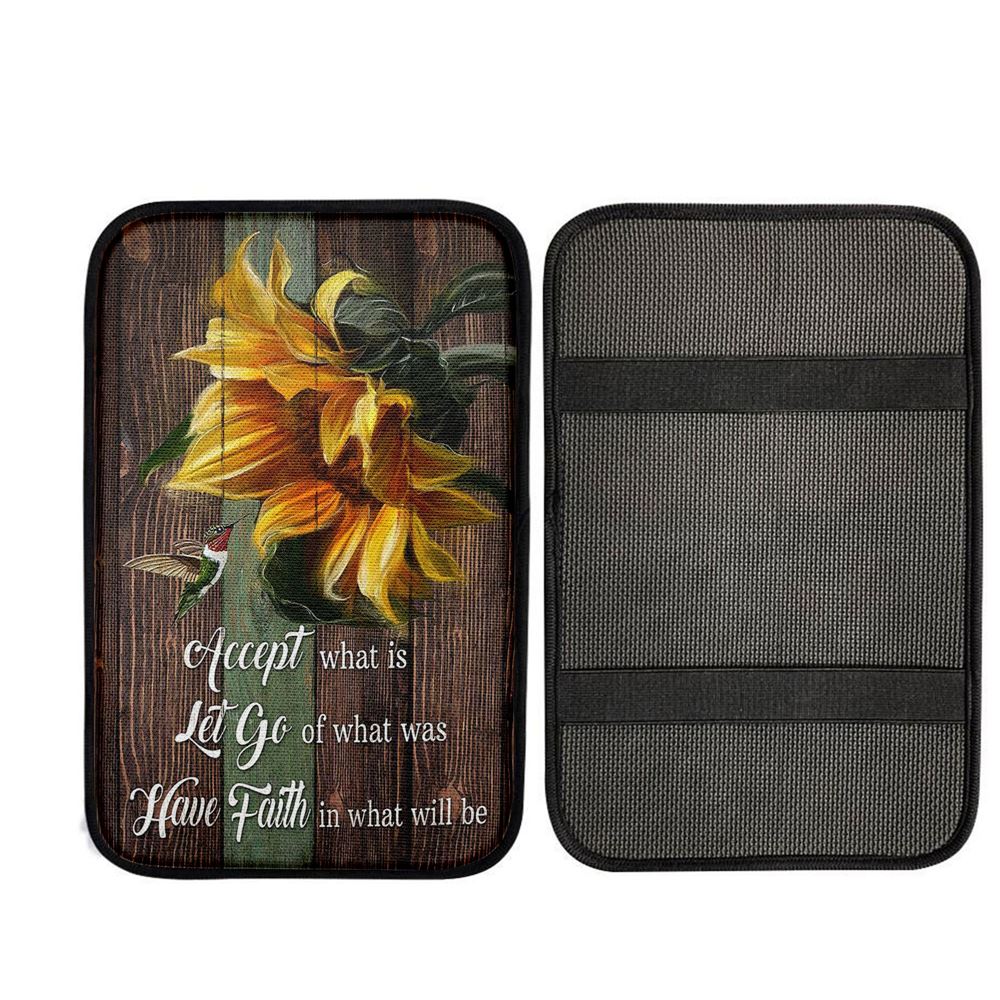 Accept Let Go Have Faith Sunflower Hummingbird Car Center Console Cover, Christian Auto Armrest Cover