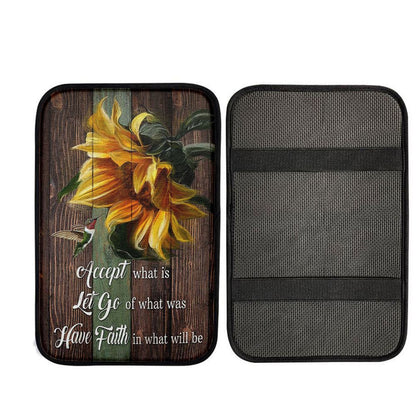 Accept Let Go Have Faith Sunflower Hummingbird Car Center Console Cover, Christian Auto Armrest Cover