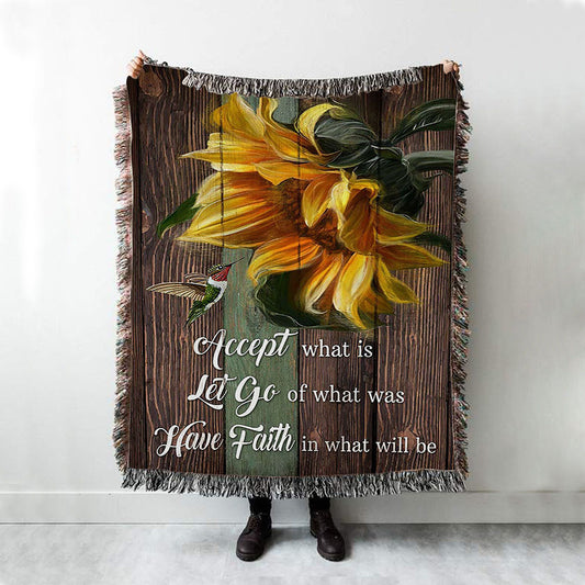 Accept Let Go Have Faith Sunflower Hummingbird Woven Blanket Art - Bible Verse Throw Blanket - Religious Home Decor