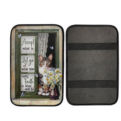 Accept What Is Let Go Car Armrest Pad - Angry Cat Daisy Vase Green Window Car Center Console Cover, Christian Auto Armrest Cover
