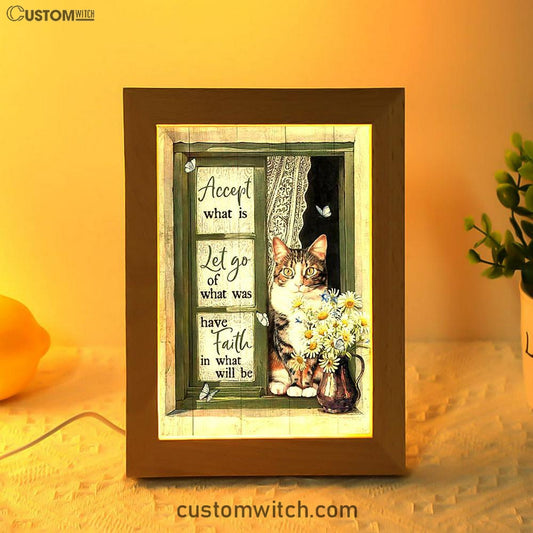 Accept What Is Let Go Frame Lamp - Angry Cat Daisy Vase Green Window Frame Lamp Art - Christian Night Light