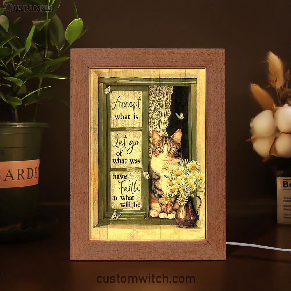 Accept What Is Let Go Frame Lamp - Angry Cat Daisy Vase Green Window Frame Lamp Art - Christian Night Light