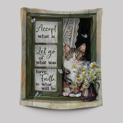 Accept What Is Let Go Tapestry - Angry Cat Daisy Vase Green Window Tapestry Wall Art - Christian Tapestries Prints