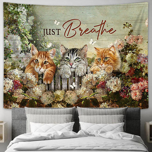 Adorable Cat Just Breathe Tapestry Wall Art - Bible Verse Tapestry - Religious Tapestry Wall Hanging