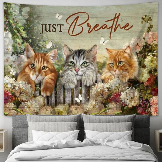 Adorable Cat, Stunning Flower Garden, Just Breathe Tapestry, Tapestries for Living Room Bedroom
