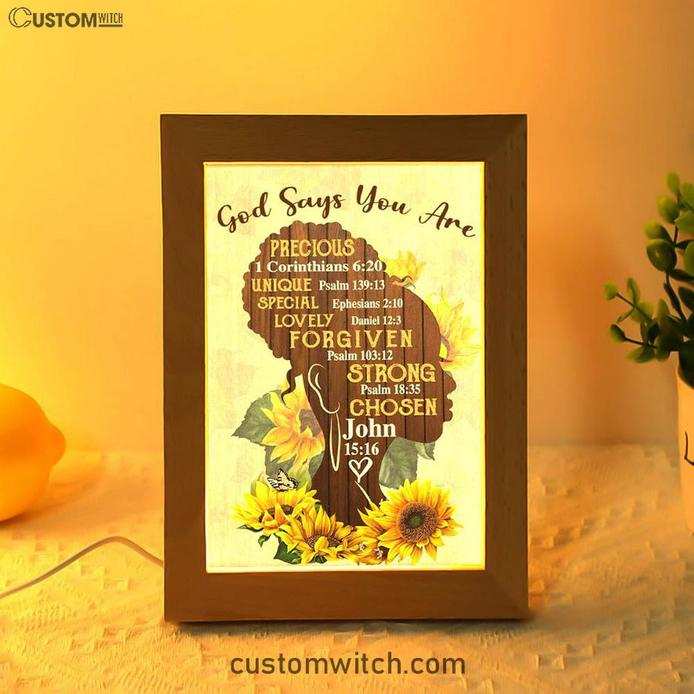 African American God Says You Are Sunflower Frame Lamp Prints - Bible Verse Decor - Scripture Art